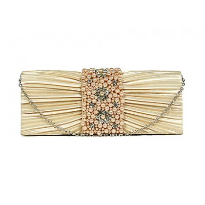 Evening Bag - 12 PCS - Satin w/ Pleated & Beaded Flap - Champagne - BG-100274CH